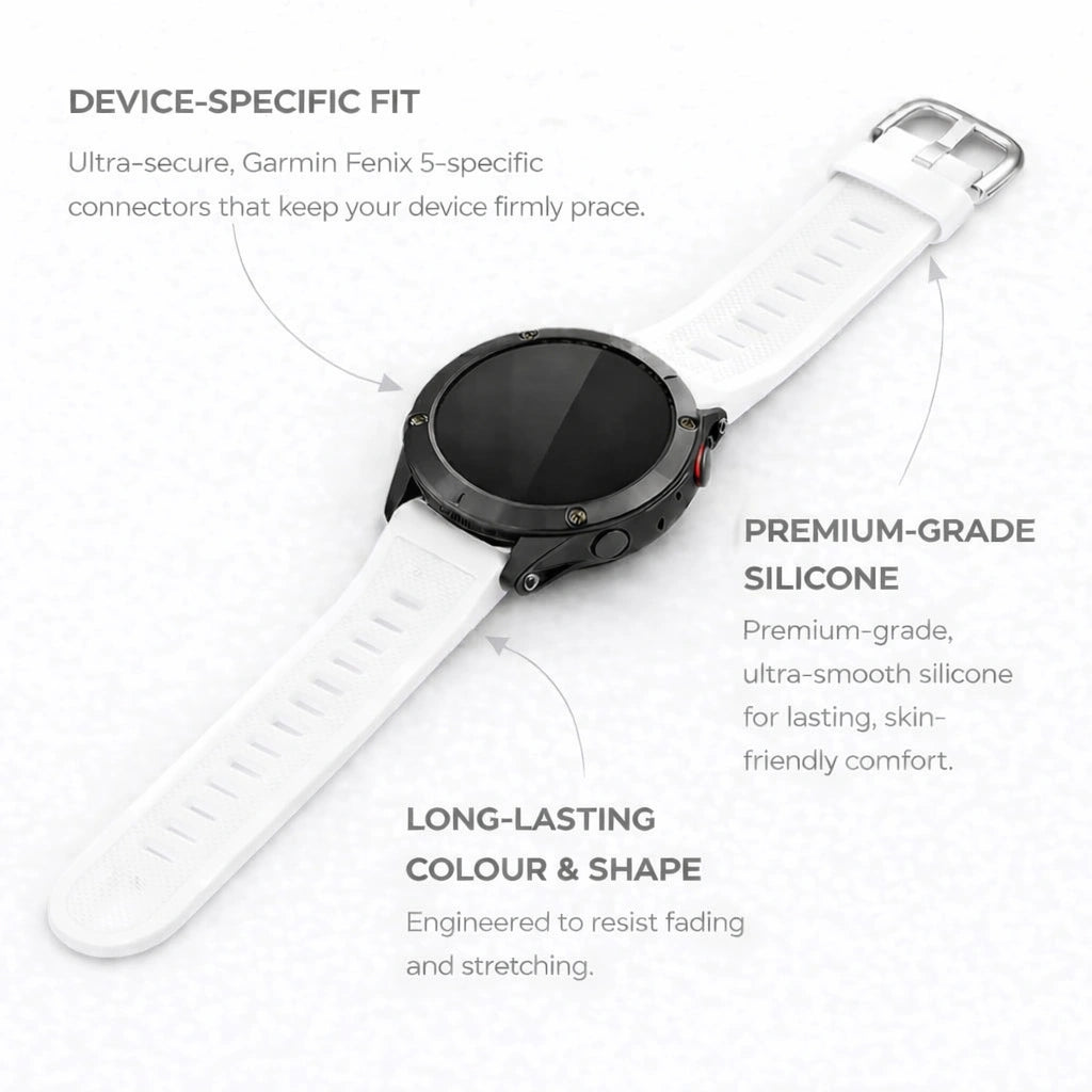 White Garmin Fenix 5 strap made from premium silicone with secure connectors and long-lasting durability