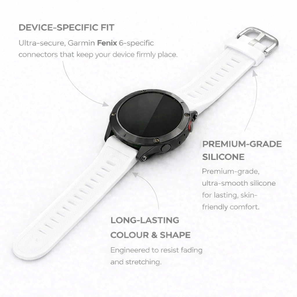Garmin Fenix 6 white silicone strap with secure device-specific connectors