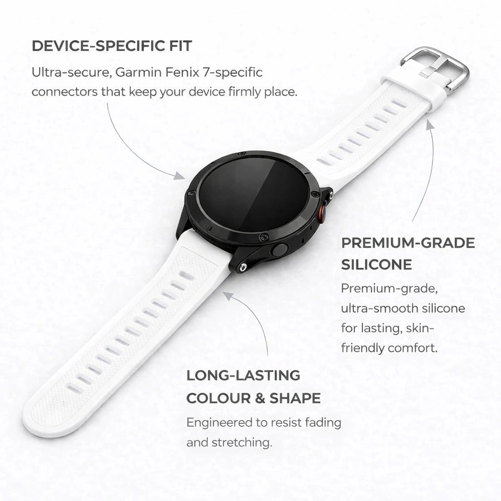 White Garmin Fenix 7 strap with premium silicone and secure device-specific connectors