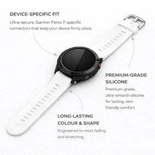 White Garmin Fenix 7 strap with premium silicone and secure device-specific connectors