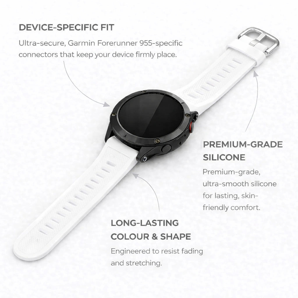 Garmin Forerunner 955 straps in white with premium silicone and secure device-specific fit
