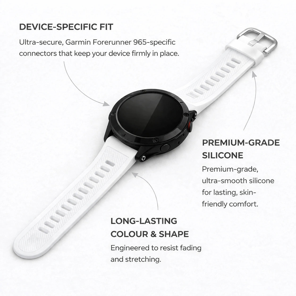 White Garmin Forerunner 965 wristband highlighting premium silicone and device-specific connectors