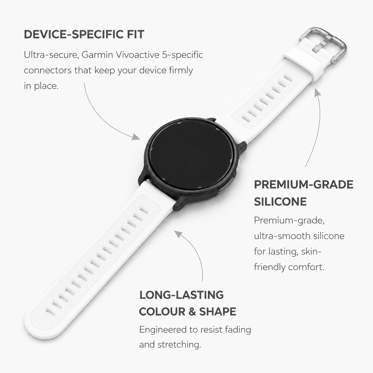 White Garmin Vivoactive 5 silicone strap showing the device-specific fit and premium construction