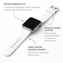 White silicone Apple Watch band showing secure connectors and premium silicone design