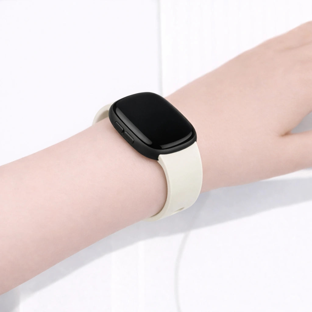White silicone Fitbit Versa 3 strap worn on the wrist for everyday comfort.