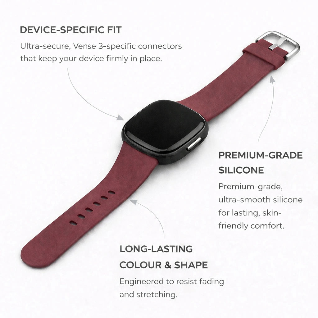 Wine red silicone watch strap for Fitbit Versa 3 showing device-specific fit and smooth finish