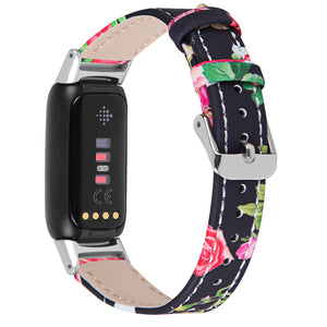 Black/Pink Flowers Leather Strap for Fitbit Luxe